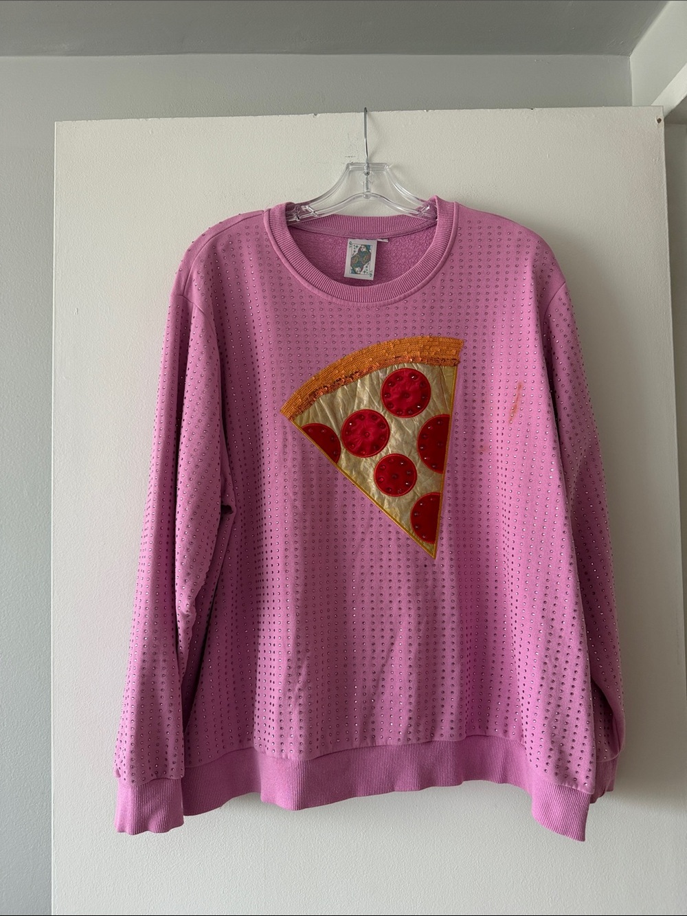 Queen of Sparkles Pink Rhinestone Pizza Slice Embellished Sweatshirt Size L